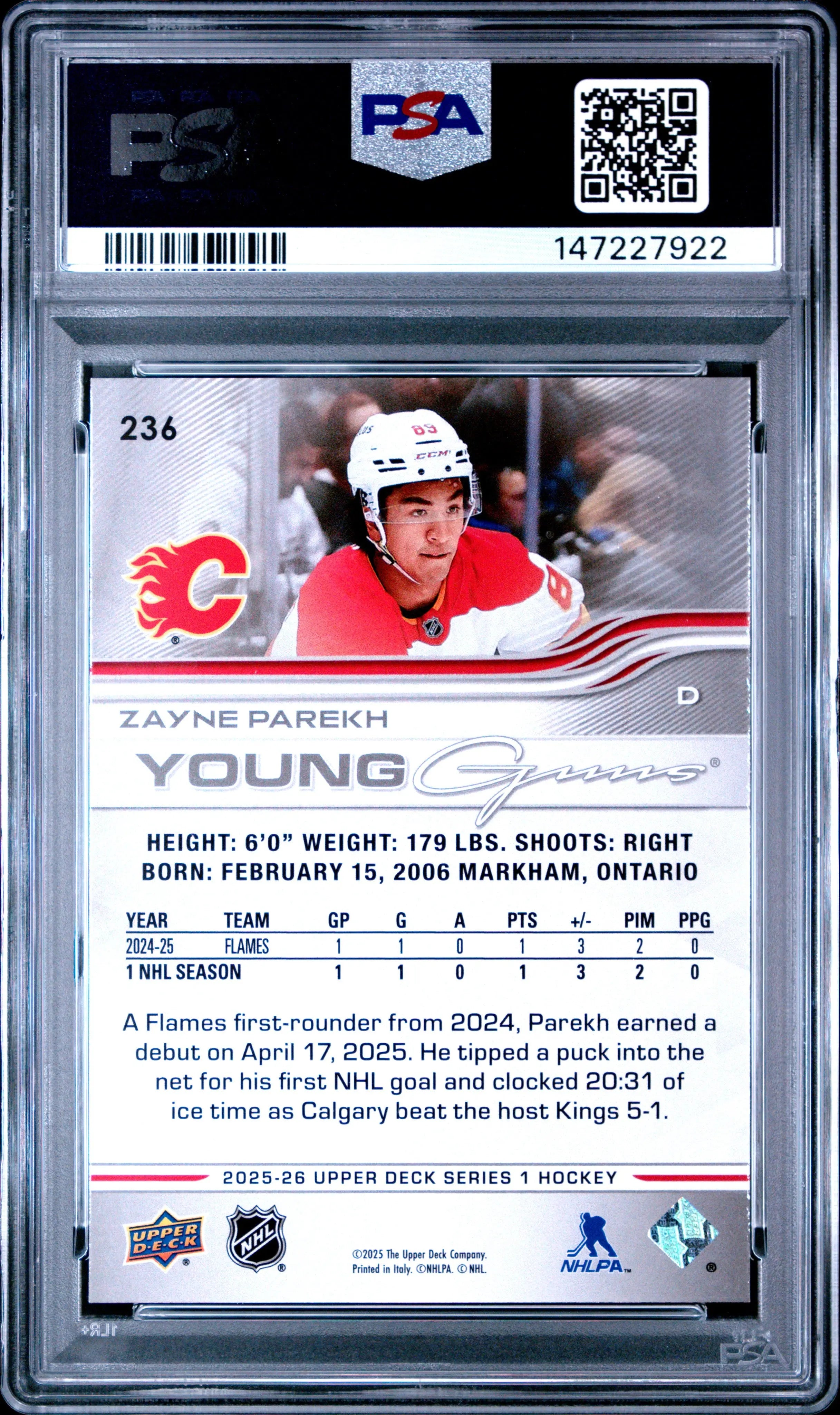 2025 Upper Deck Series 1 Young Guns Rookie Zayne Parekh RC PSA 9 