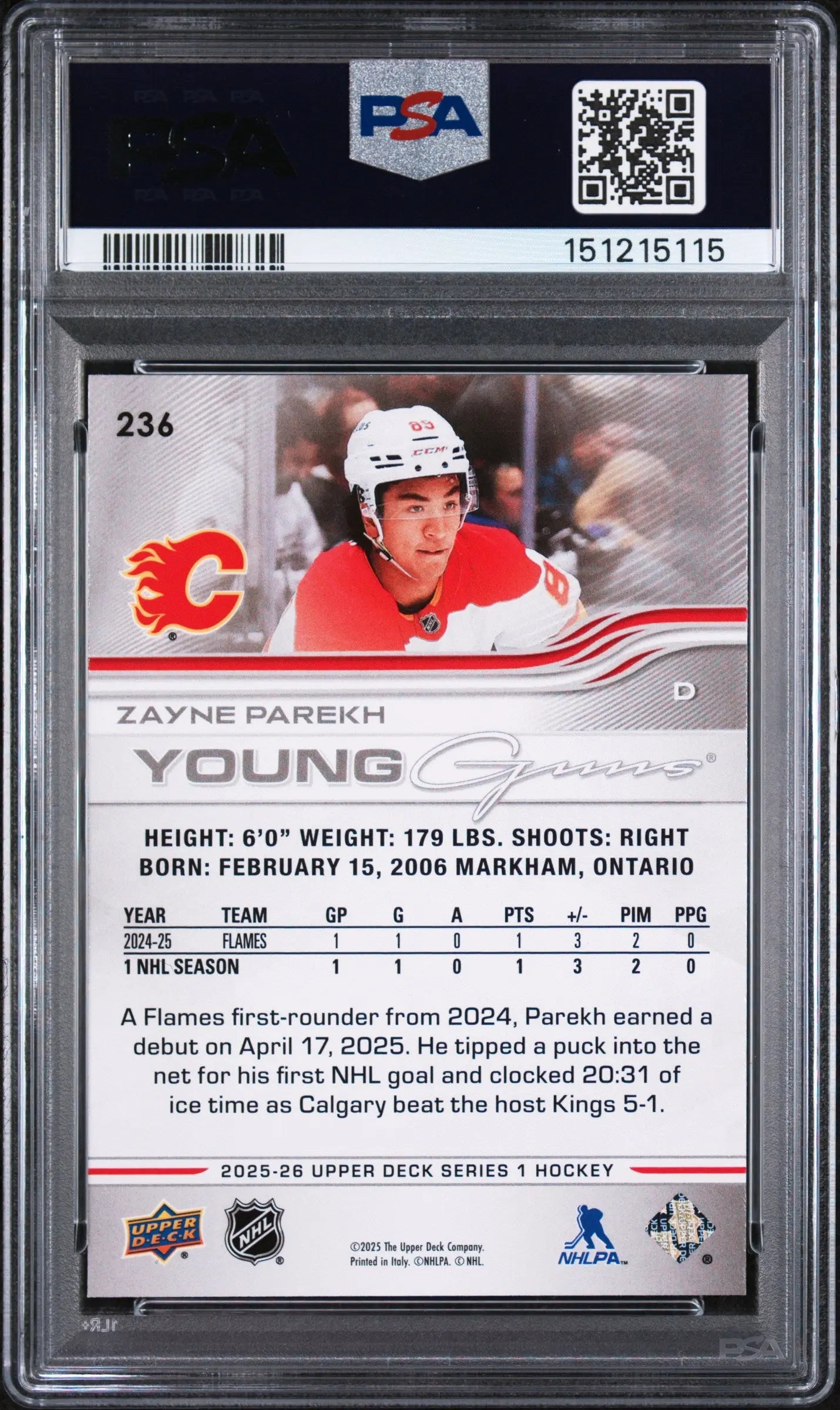 2025 Upper Deck Series 1 Young Guns Rookie Zayne Parekh RC PSA 9 