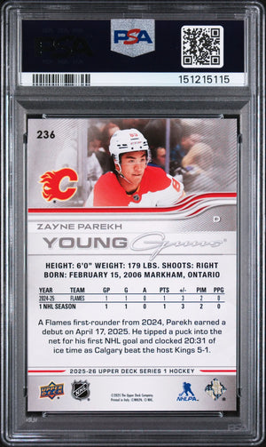 2025 Upper Deck Series 1 Young Guns Rookie Zayne Parekh RC PSA 9 
