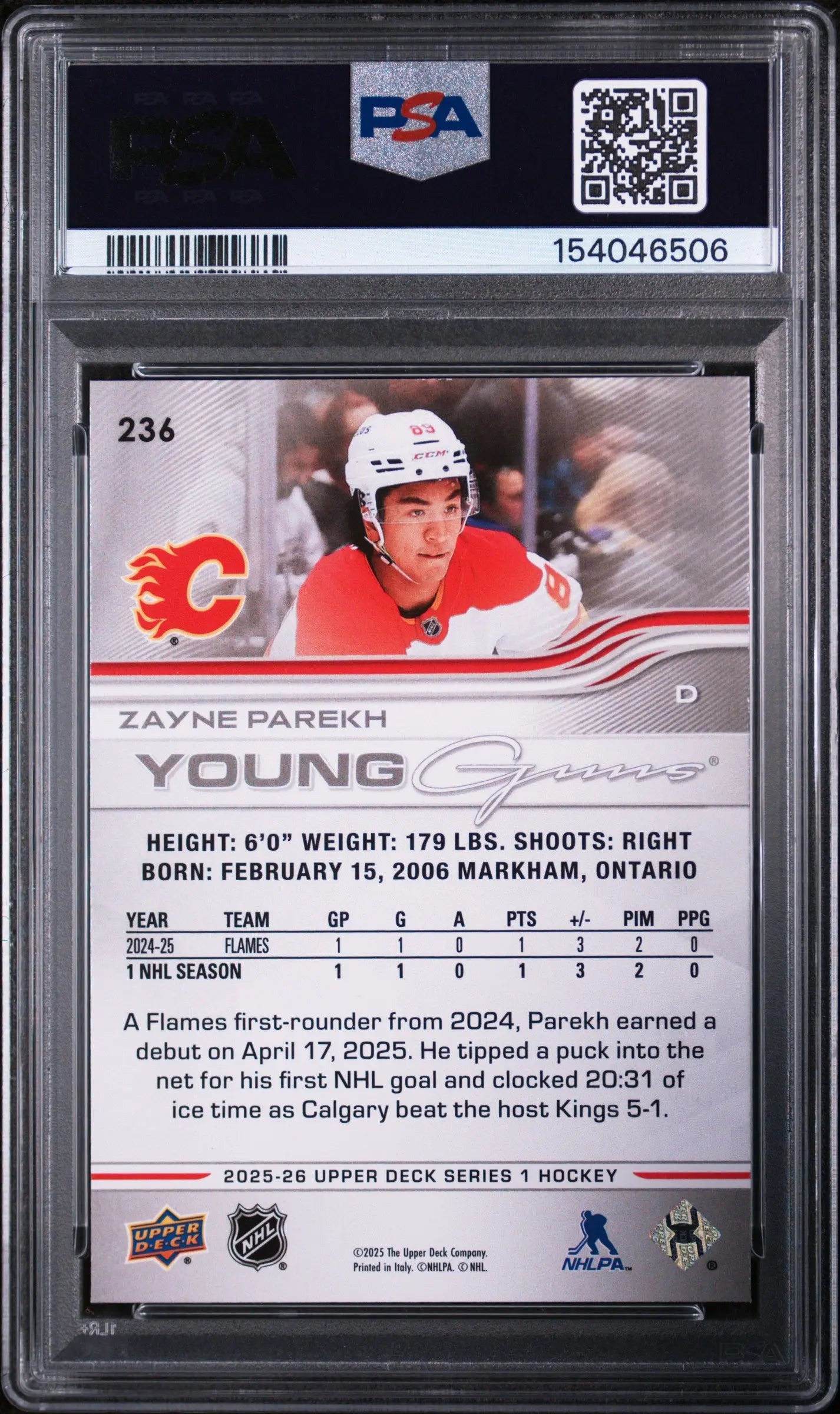 2025 Upper Deck Series 1 Young Guns Rookie Zayne Parekh RC PSA 9 