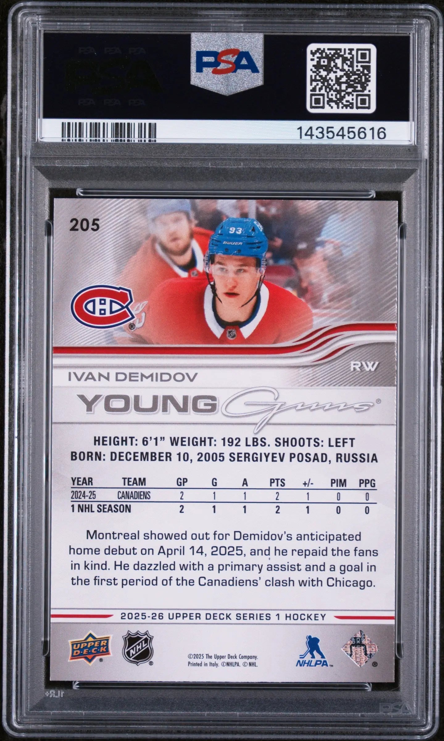 2025 Upper Deck Series 1 Young Guns Rookies Ivan Demidov RC PSA 9 