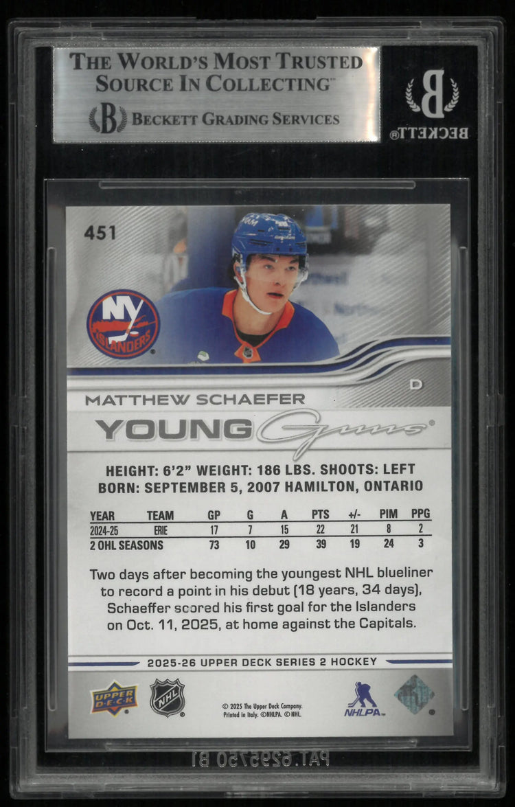 2025 Upper Deck Series 2 Young Guns Matthew Schaefer Rookie RC BGS 9 