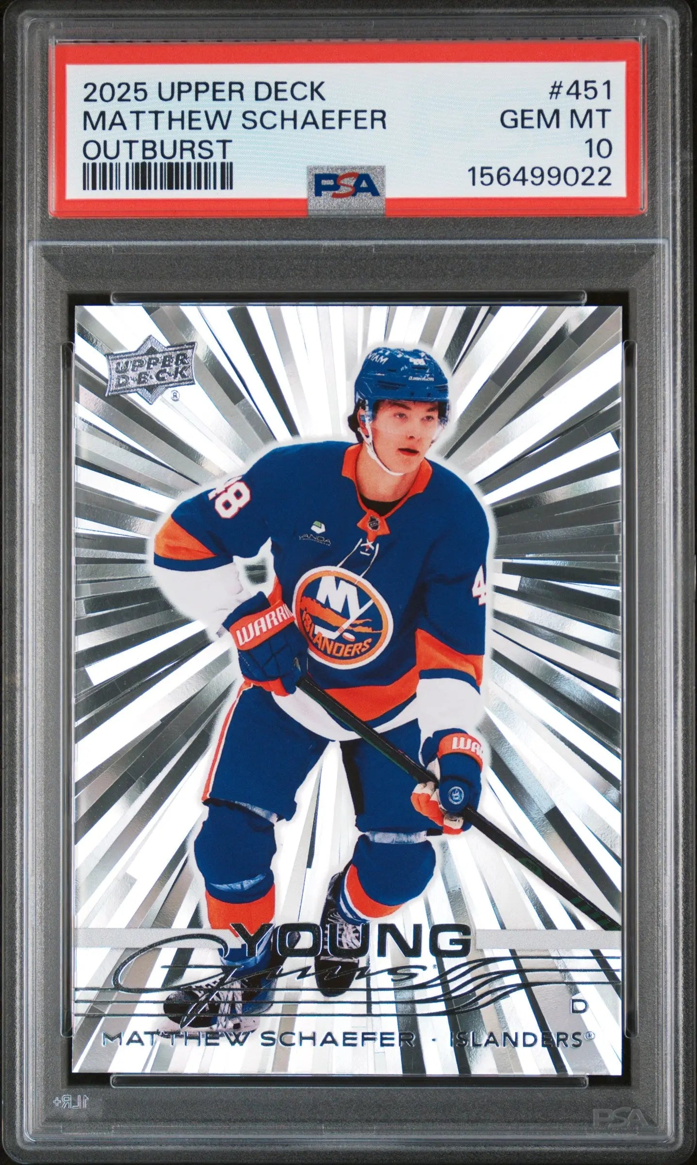 2025 Upper Deck  Series 2 Young Guns Rookie Matthew Schaefer Outburst RC PSA 10 