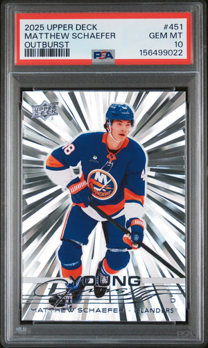 2025 Upper Deck  Series 2 Young Guns Rookie Matthew Schaefer Outburst RC PSA 10 
