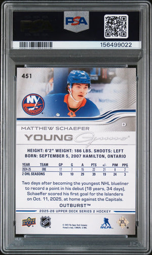 2025 Upper Deck  Series 2 Young Guns Rookie Matthew Schaefer Outburst RC PSA 10 