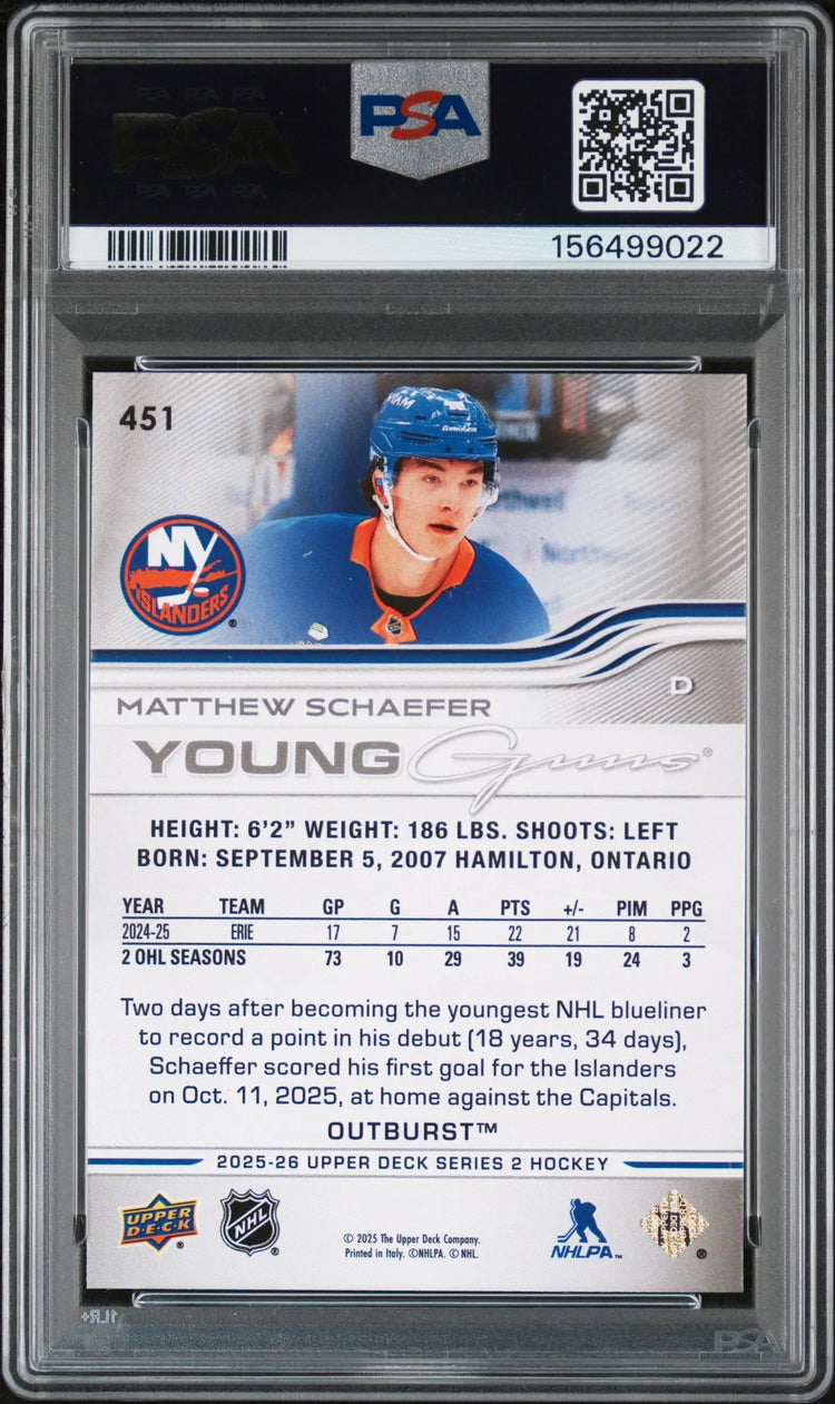 2025 Upper Deck  Series 2 Young Guns Rookie Matthew Schaefer Outburst RC PSA 10 
