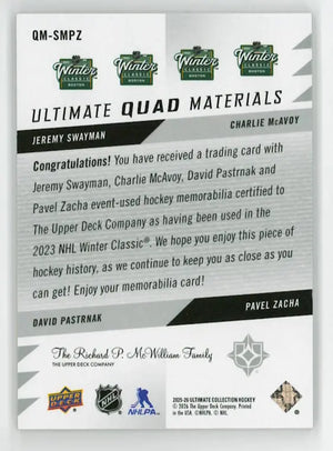 2025 Upper Deck Ultimate Quad Patch Swayman/McAvoy/Pastrnak/Zacha /65 