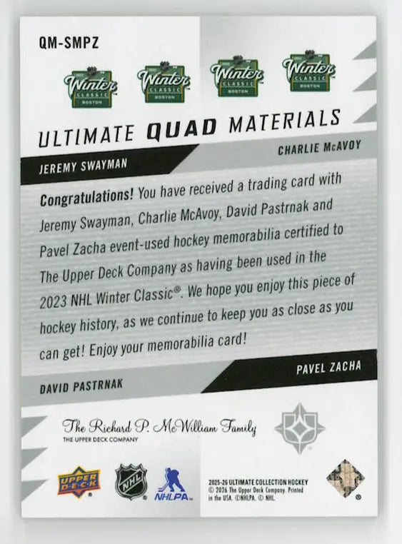 2025 Upper Deck Ultimate Quad Patch Swayman/McAvoy/Pastrnak/Zacha /65 