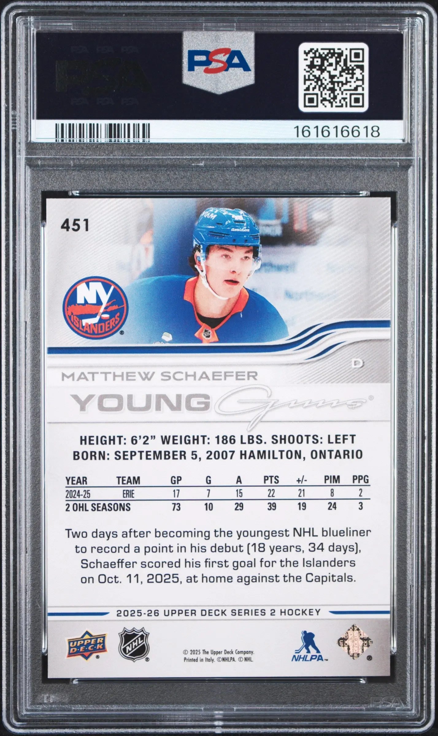 2025 Upper Deck #451 Matthew Schaefer Young Guns Rookie PSA 10 