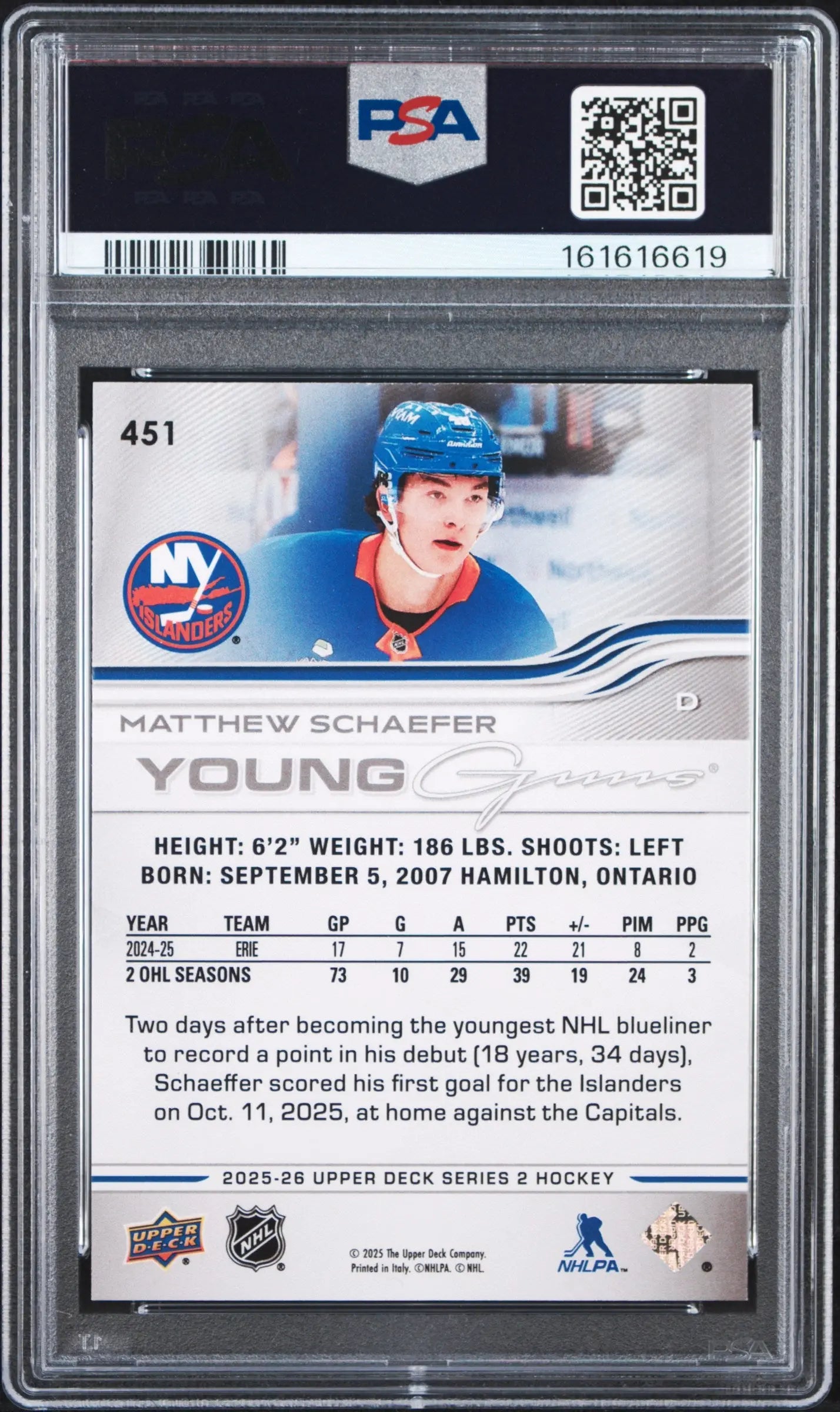 2025 Upper Deck #451 Matthew Schaefer Young Guns Rookie PSA 10 
