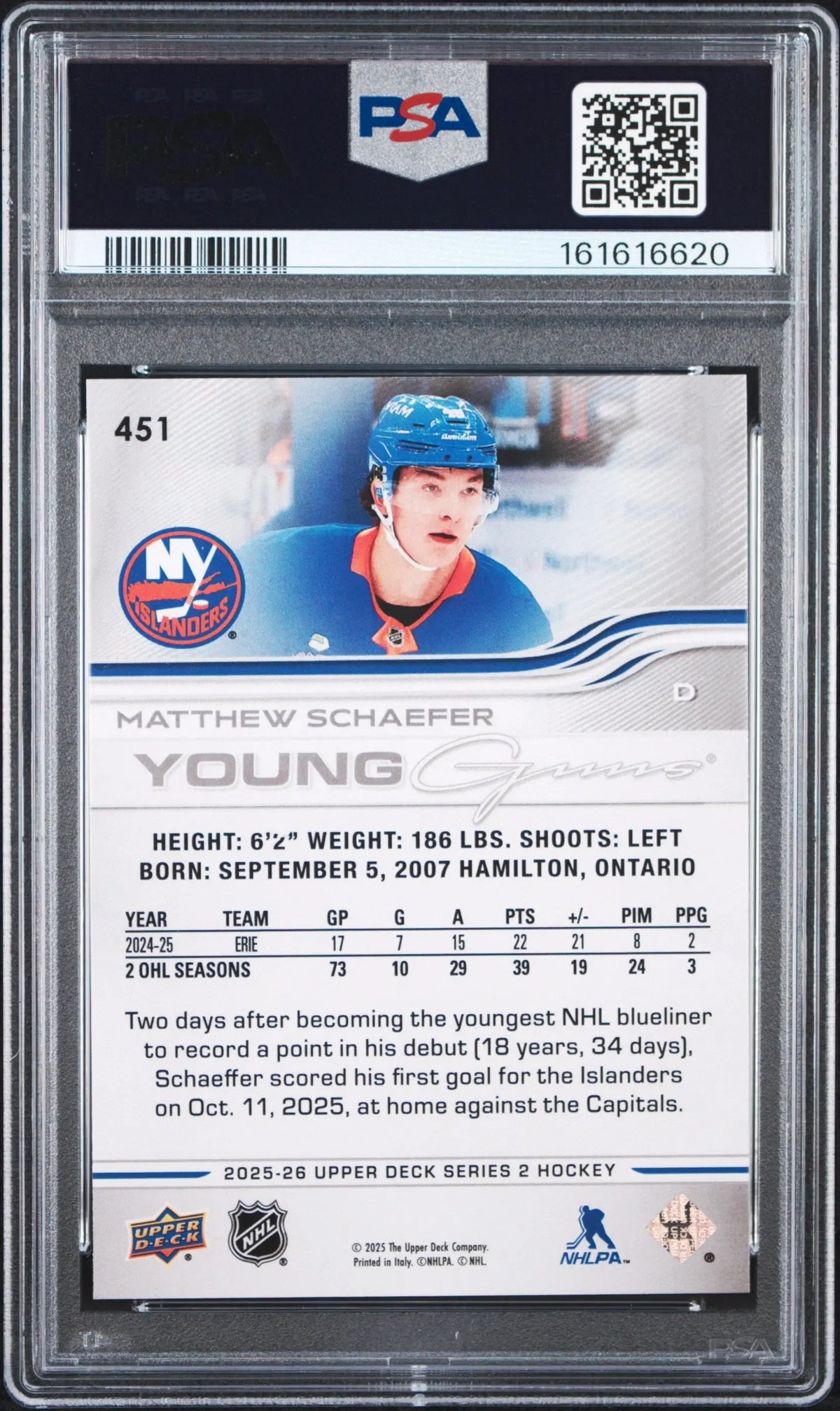 2025 Upper Deck #451 Matthew Schaefer Young Guns Rookie PSA 10 
