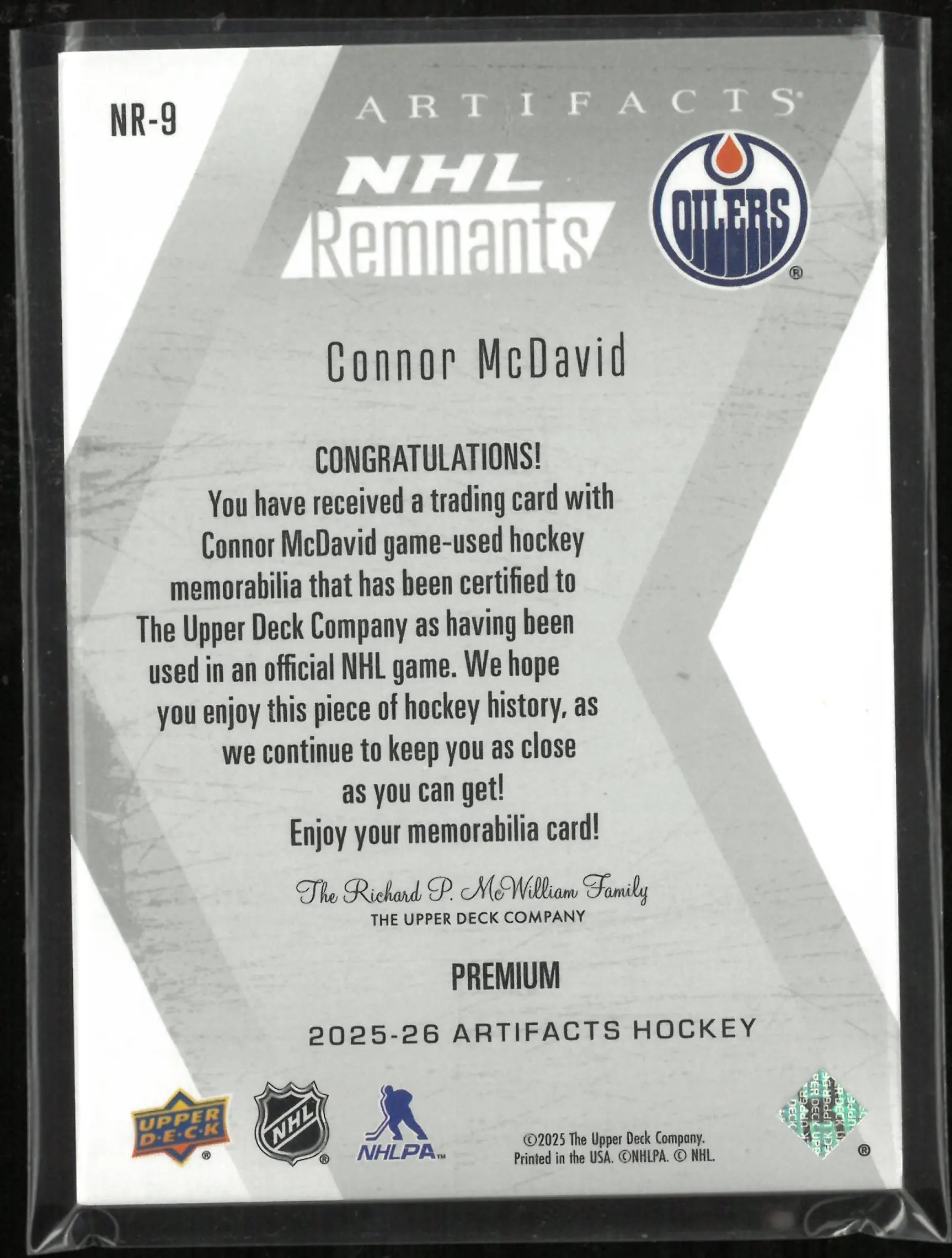 2026-26 Upper Deck Artifacts NHL Remnants Connor McDavid Premium Patch /25 