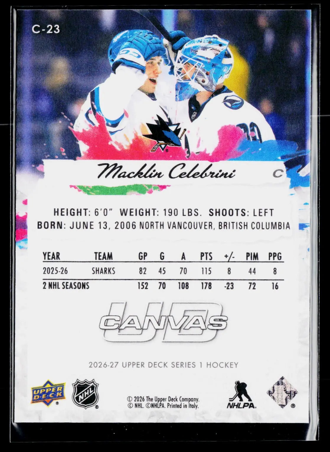 2026-27 Upper Deck Series 1 Hockey Macklin Celebrini UD Canvas 