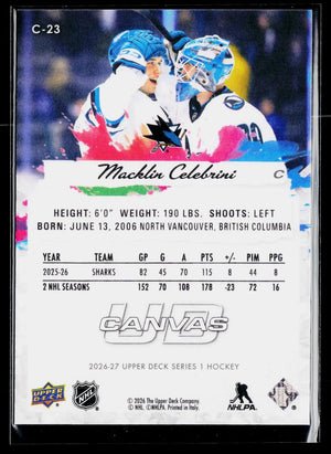 2026-27 Upper Deck Series 1 Hockey Macklin Celebrini UD Canvas 