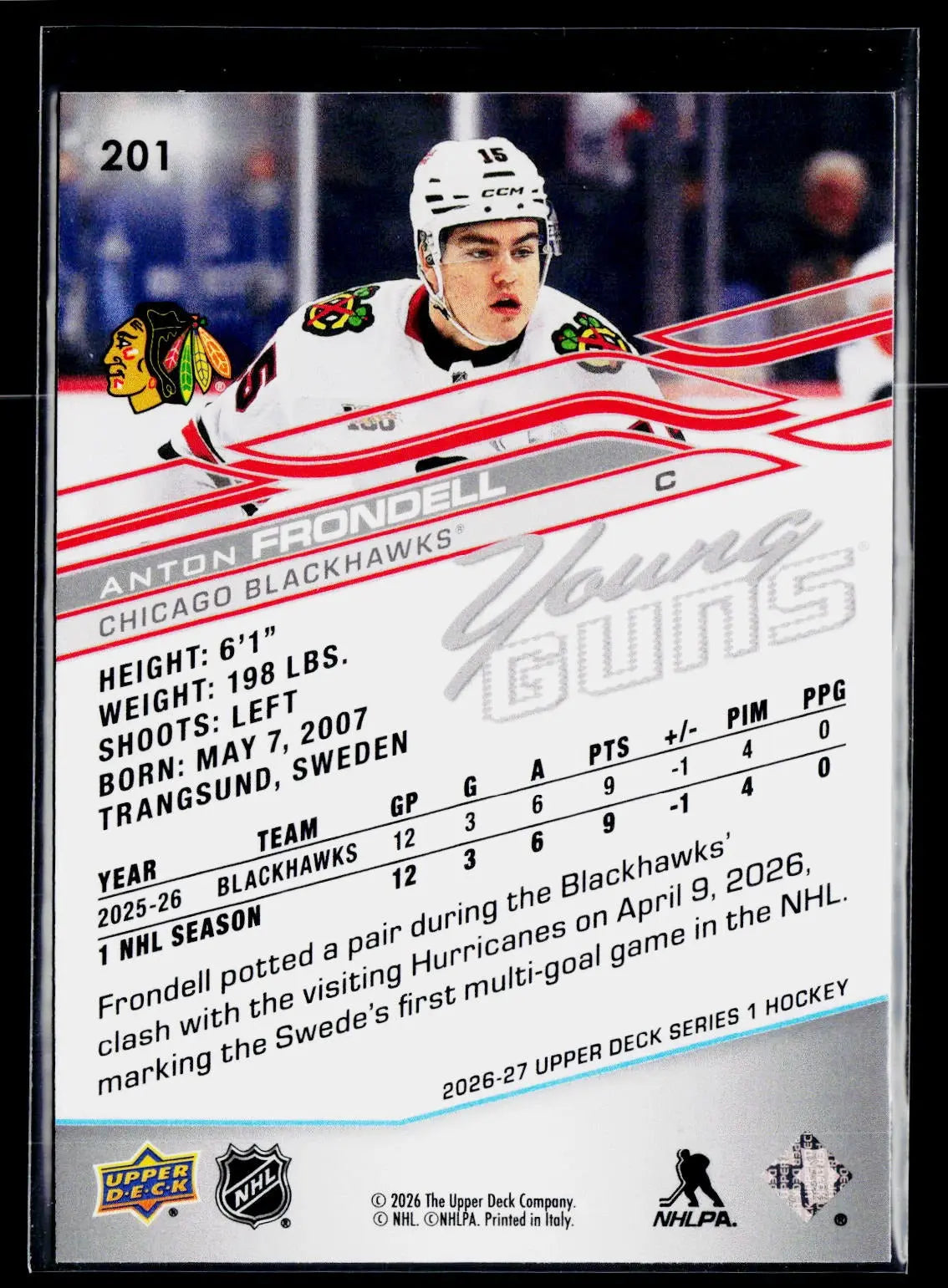 2026-27 Upper Deck Series 1 Hockey Rookie Young Guns Anton Frondell RC #A 