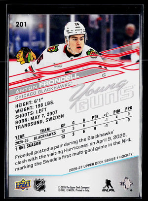 2026-27 Upper Deck Series 1 Hockey Rookie Young Guns Anton Frondell RC #A 