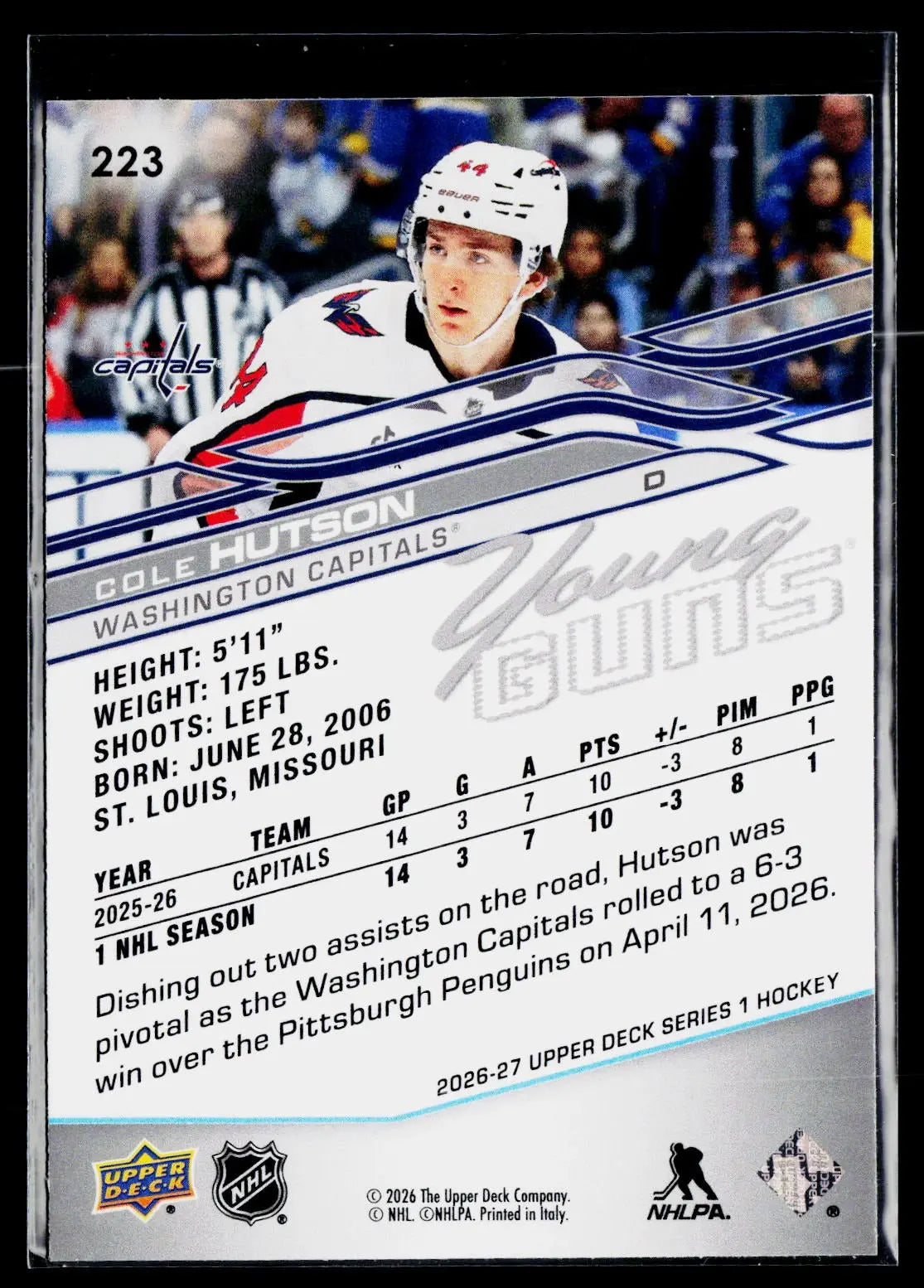 2026-27 Upper Deck Series 1 Hockey Rookie Young Guns Cole Hutson RC #B 