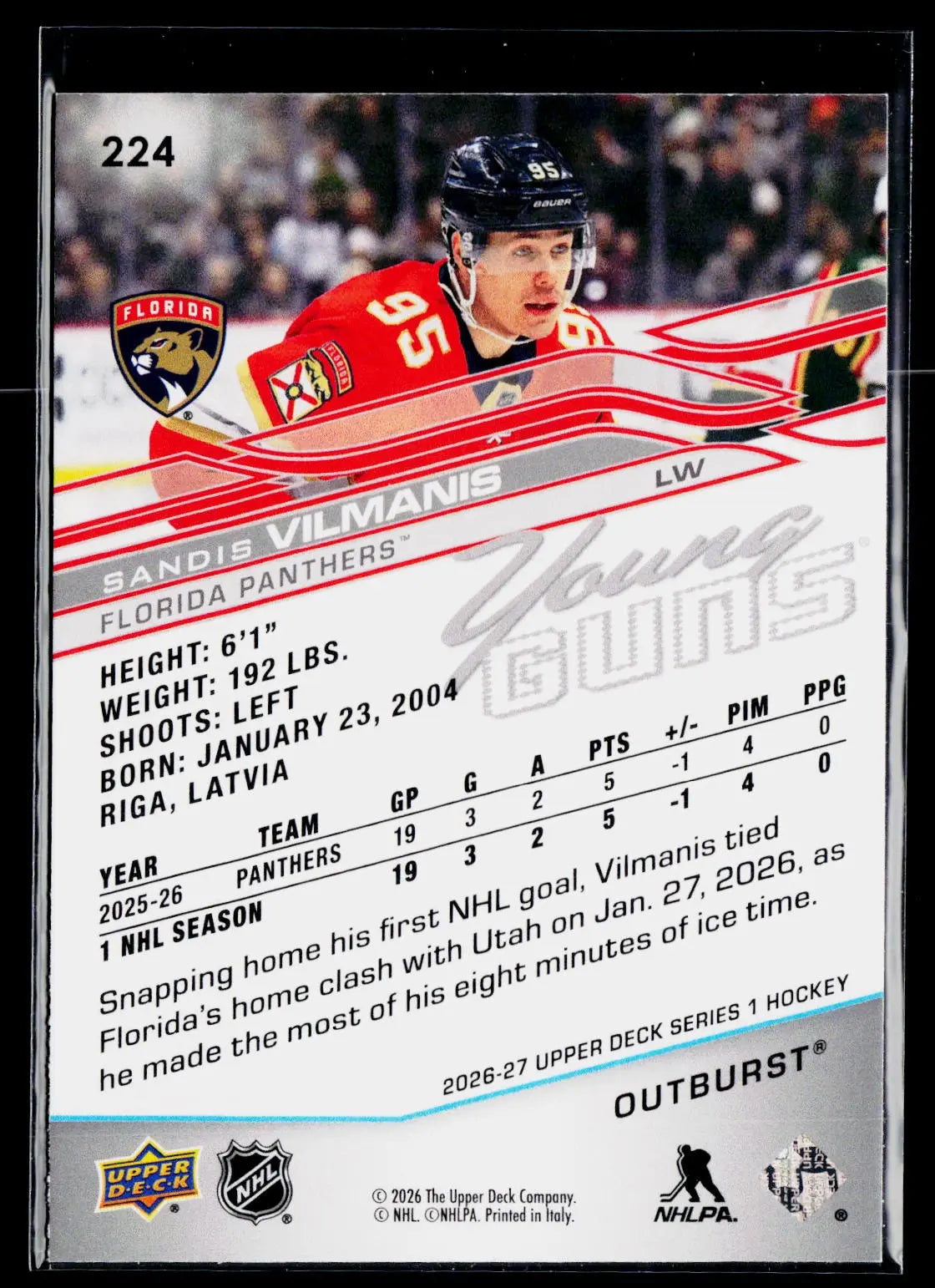 2026-27 Upper Deck Series 1 Hockey Rookie Young Guns Sandis Vilmanis Outburst RC 