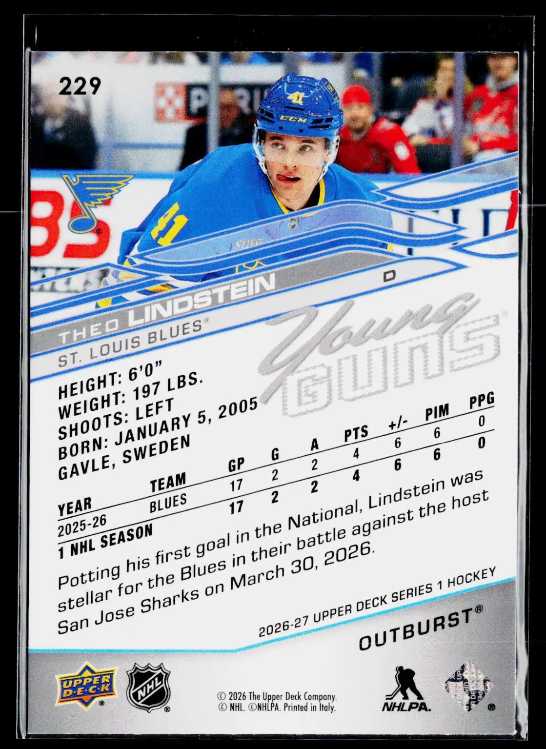 2026-27 Upper Deck Series 1 Hockey Rookie Young Guns Theo Lindstein Outburst RC 
