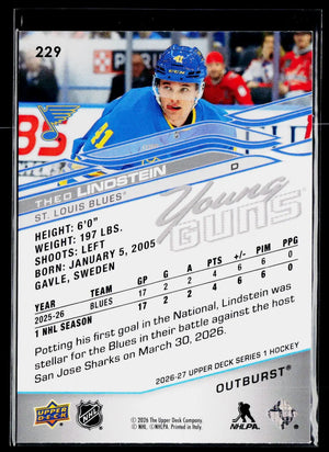 2026-27 Upper Deck Series 1 Hockey Rookie Young Guns Theo Lindstein Outburst RC 