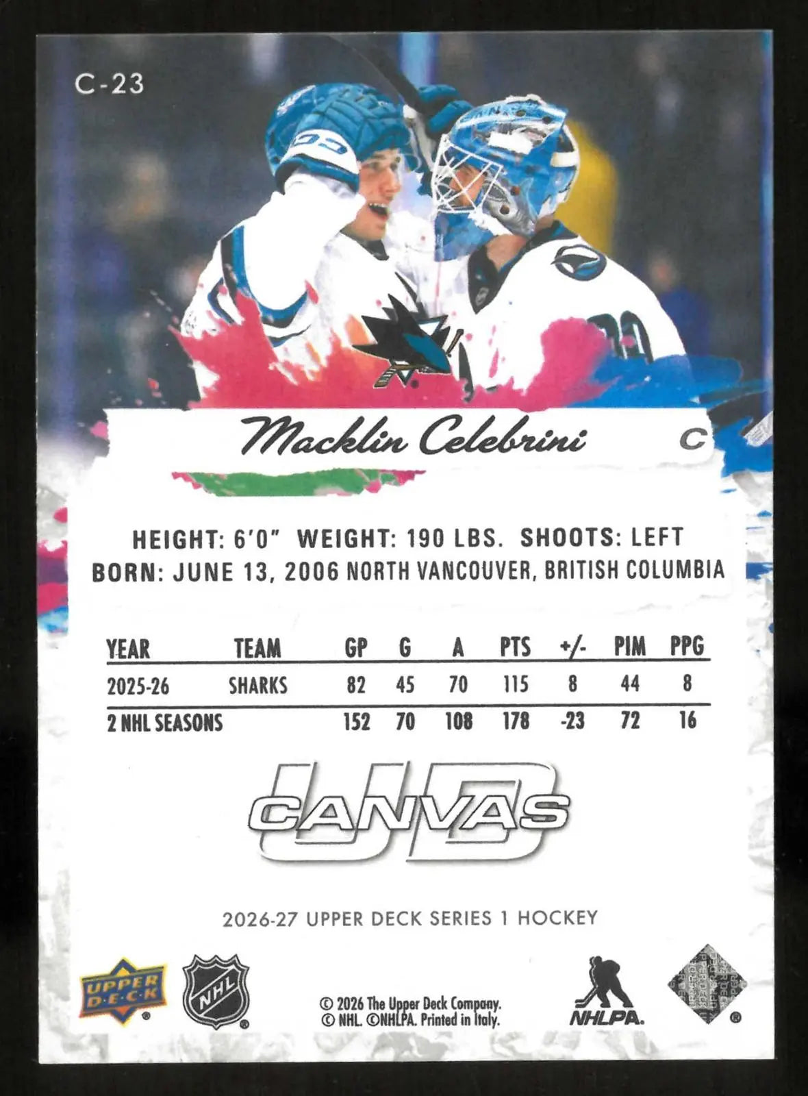 2026-27 Upper Deck Series 1 Hockey UD Canvas Macklin Celebrini 