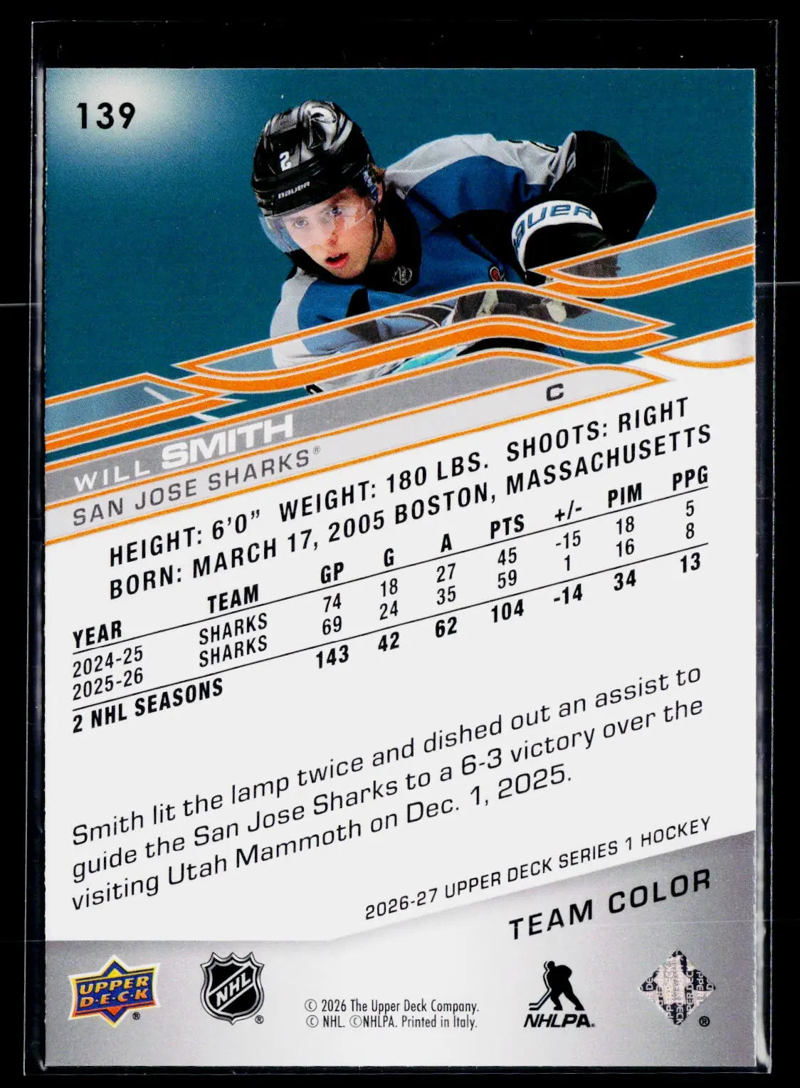 2026-27 Upper Deck Series 1 Hockey Will Smith Team Color 