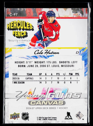 2026-27 Upper Deck Series 1 Rookie Young Guns Cole Hutson RC UD Canvas #A 