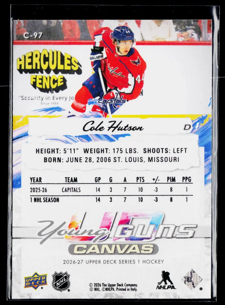 2026-27 Upper Deck Series 1 Rookie Young Guns Cole Hutson RC UD Canvas #A 