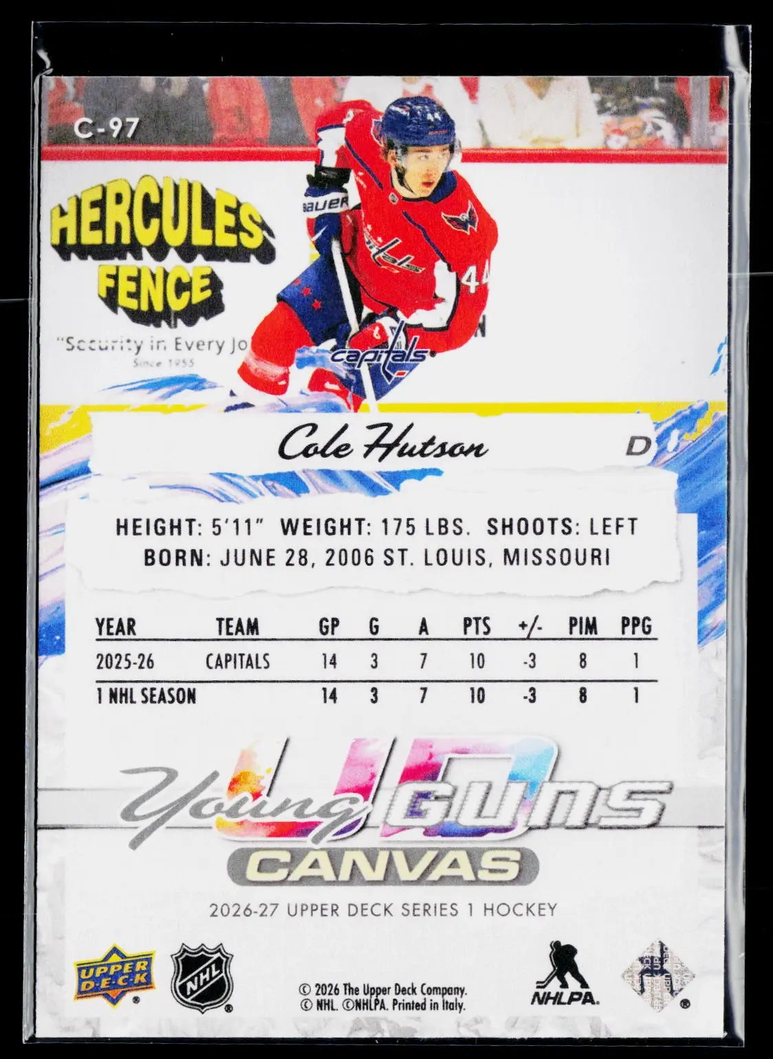 2026-27 Upper Deck Series 1 Rookie Young Guns Cole Hutson RC UD Canvas #B 