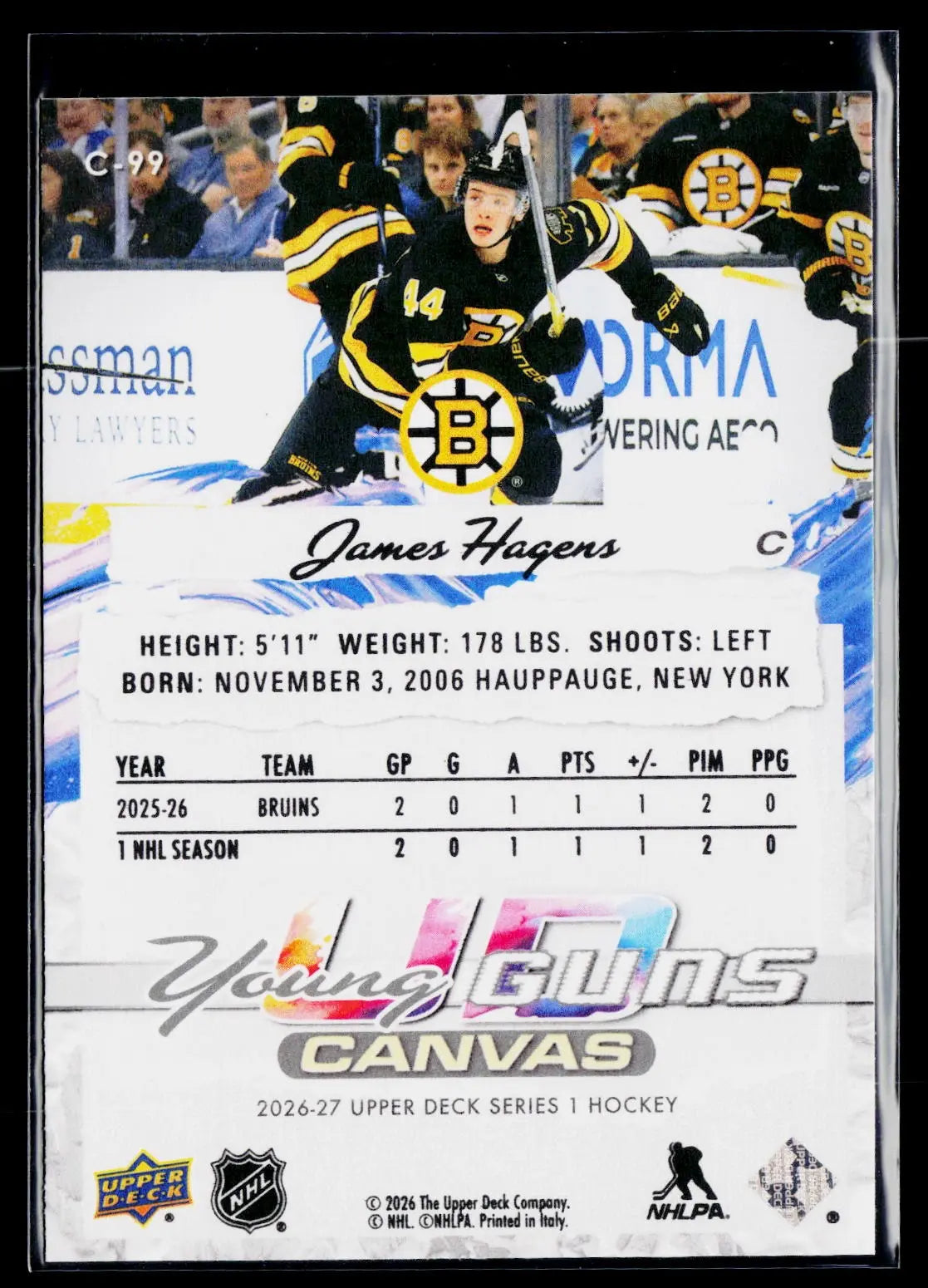 2026-27 Upper Deck Series 1 Rookie Young Guns James Hagens RC UD Canvas 