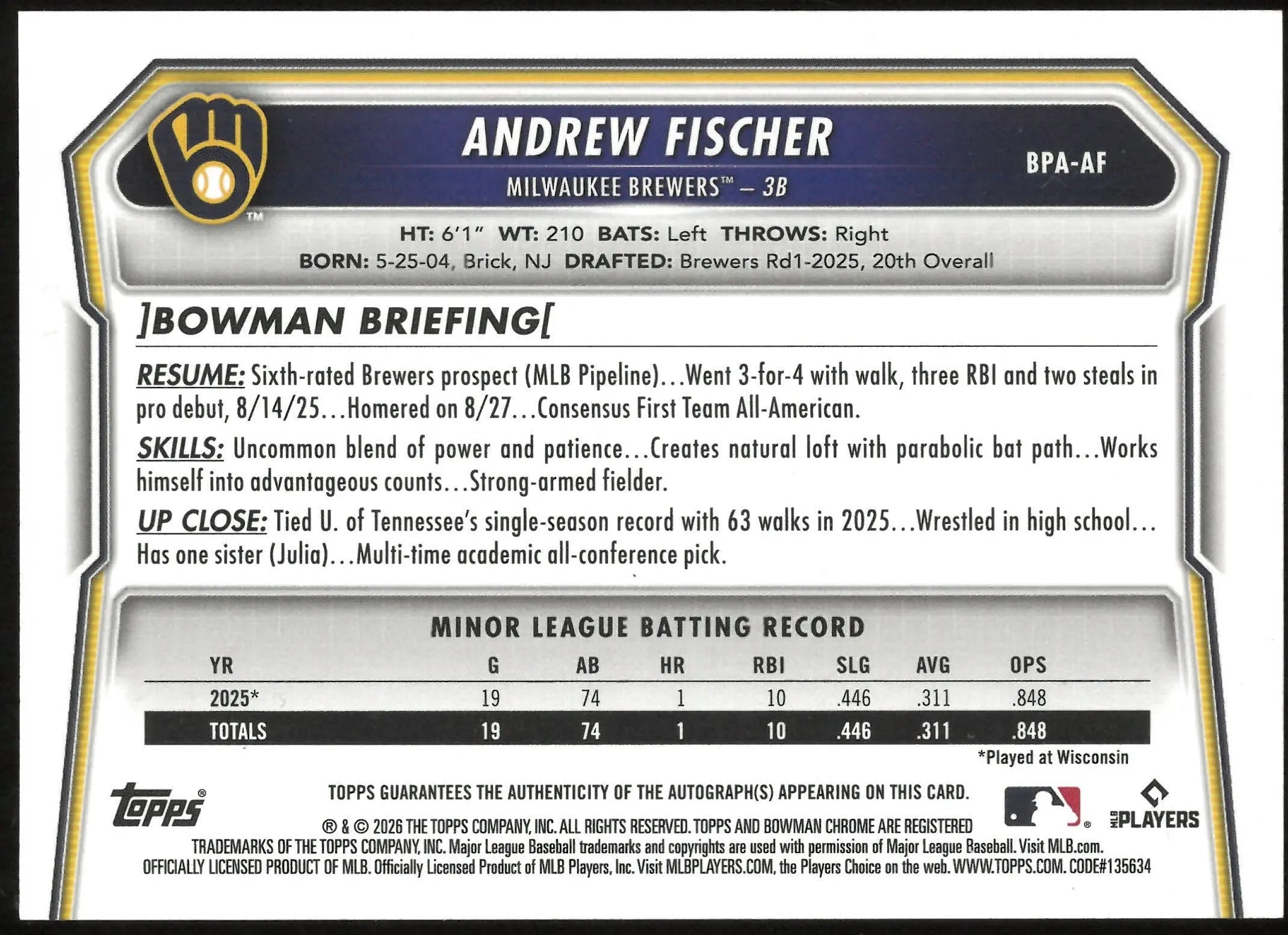 2026 Bowman 1st Gold Auto Andrew Fischer /50 