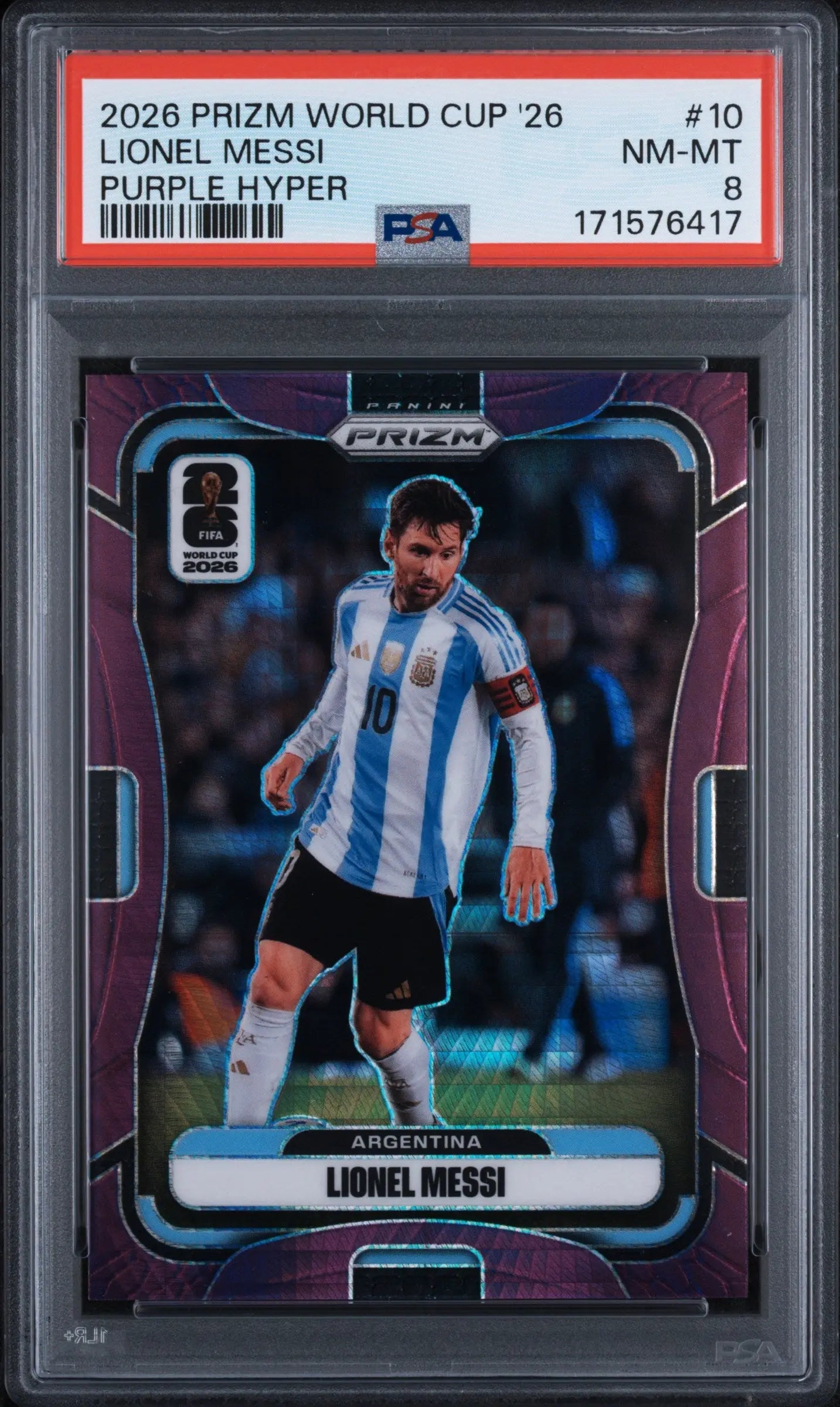 2026 Panini Prizm FIFA World Cup 2026 Lionel Messi Purple Hyper /299 PSA 8 