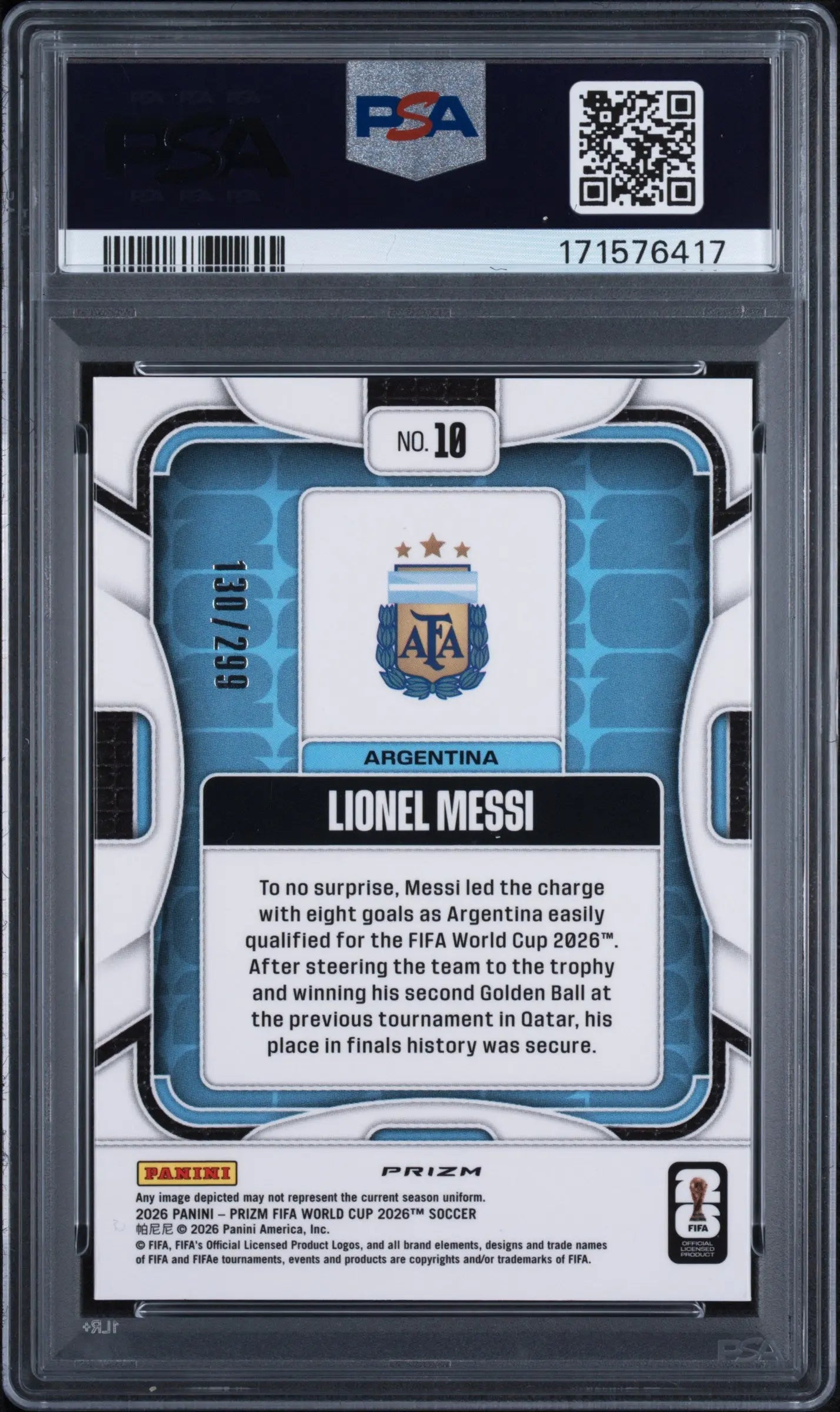 Lionel Messi 2026 Panini Prizm Card - Purple Hyper PSA 8