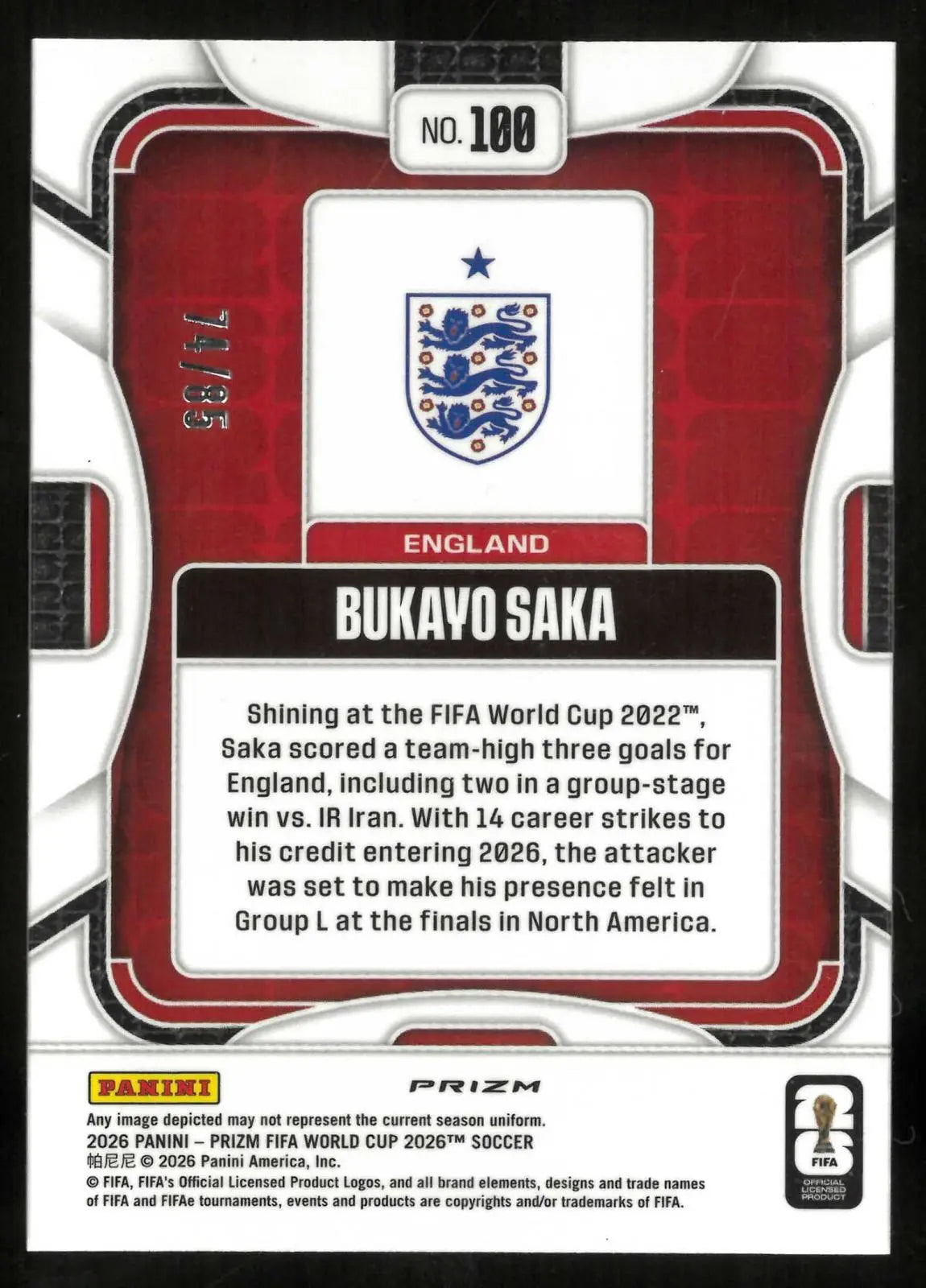 2026 Panini Prizm FIFA World Cup Bukayo Saka Choice Red Prizm /85 
