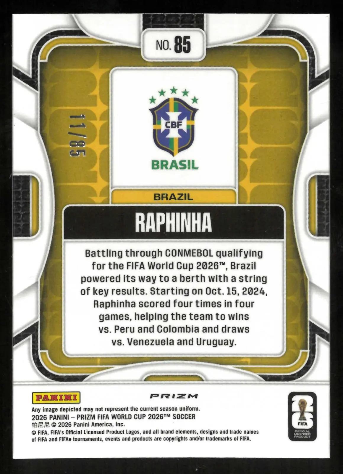 2026 Panini Prizm FIFA World Cup Raphinha Choice Red Prizm 11/85 