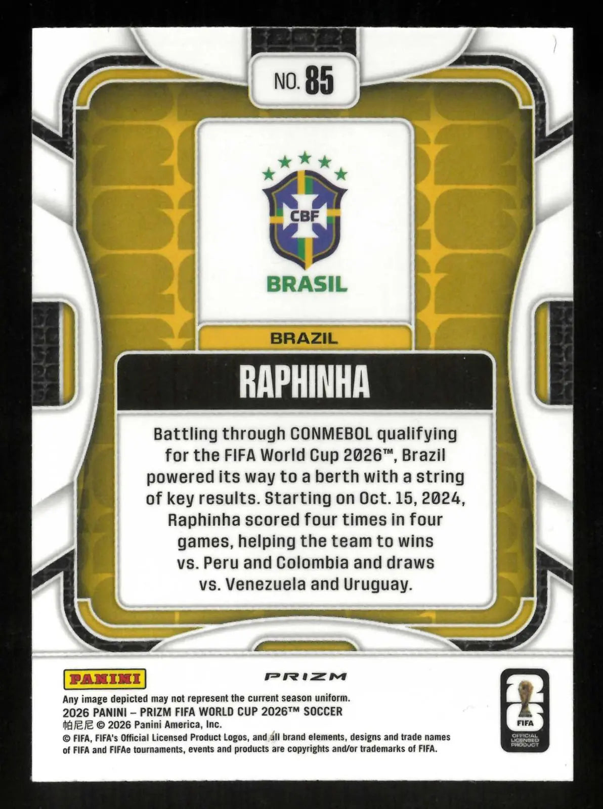 2026 Panini Prizm FIFA World Cup Raphinha Choice Zebra Prizm 