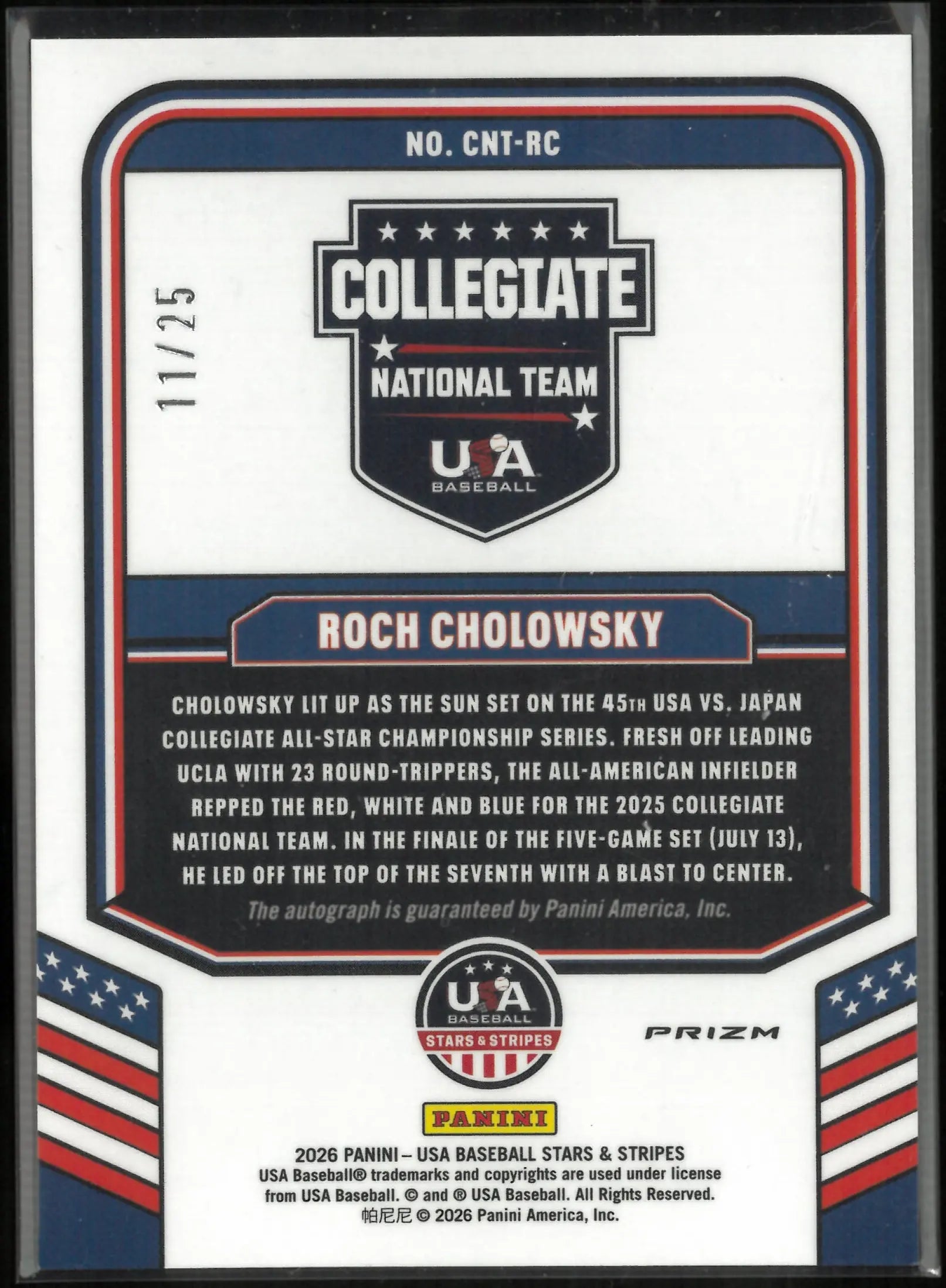 2026 Panini USA Baseball Stars & Stripes Autograph Roch Cholowsky Auto Red /25 