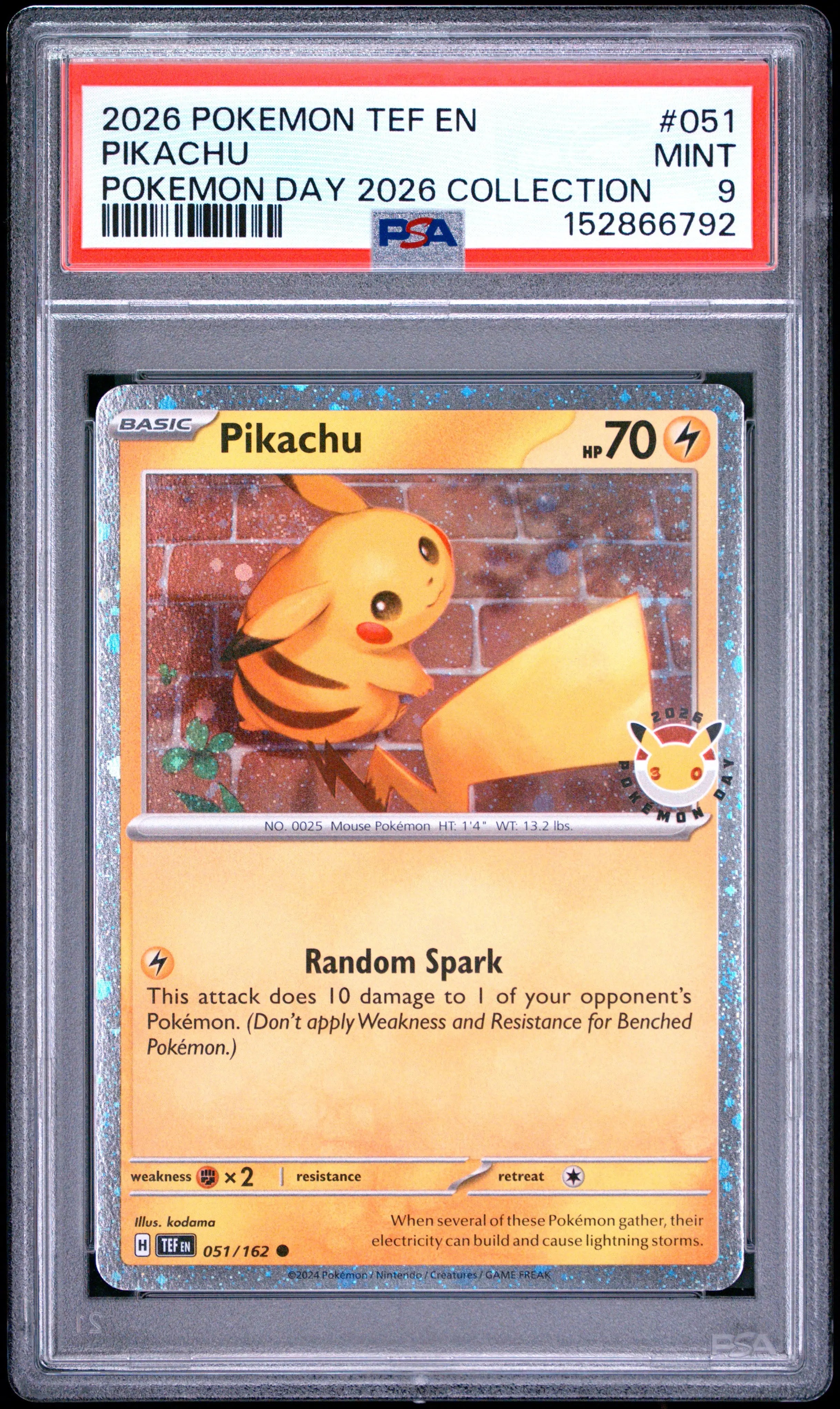 2026 Pokemon Temporal Forces Pikachu 051/162 Pokemon Day 2026 Collection PSA 9 