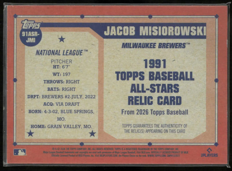 2026 Topps 1991 Topps 35th Rookie Patch Jacob Misiorowski Orange /25 RC 