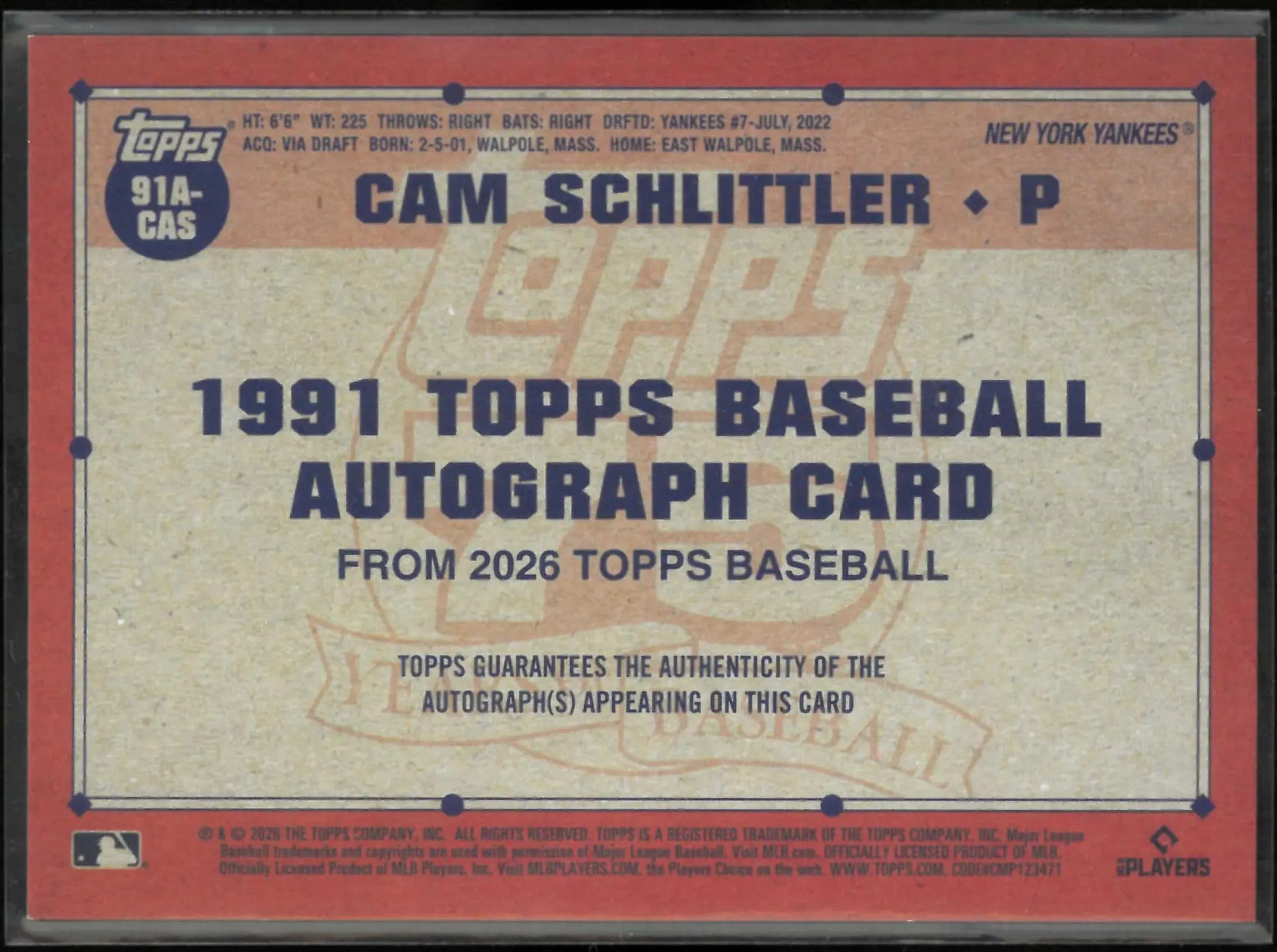 2026 Topps 1991 Topps Baseball 35th Anniversary Autographs Cam Schlittler Auto 