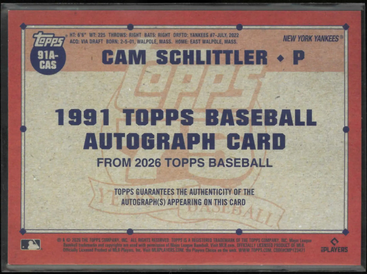 2026 Topps 1991 Topps Baseball 35th Anniversary Autographs Cam Schlittler Auto 