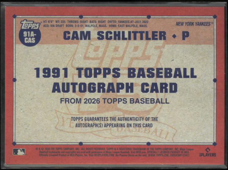 2026 Topps 1991 Topps Baseball 35th Anniversary Autographs Cam Schlittler Auto 