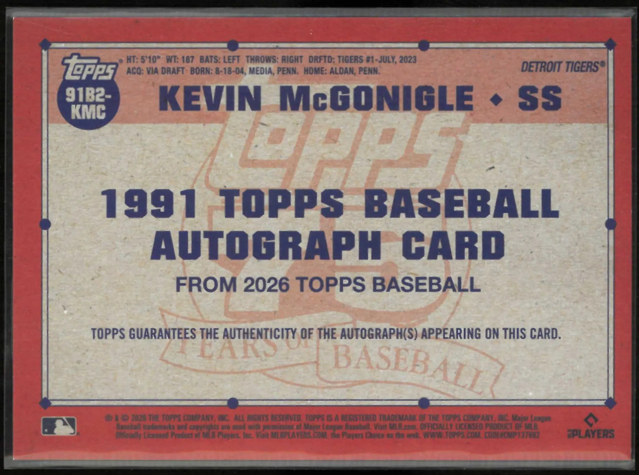 2026 Topps 75 Years 1991 Autograph Rookie Kevin McGonigle Auto RC 
