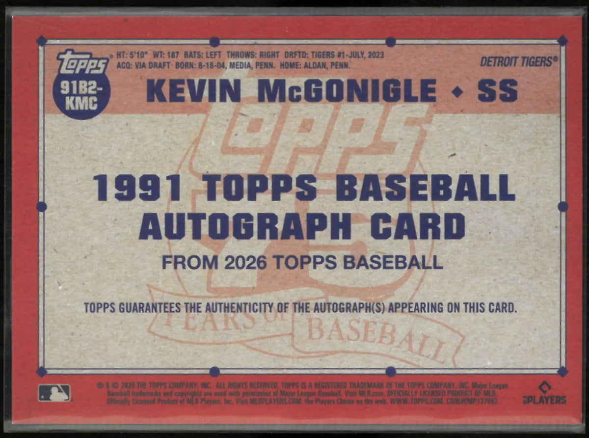 2026 Topps 75 Years 1991 Autograph Rookie Kevin McGonigle Auto RC 