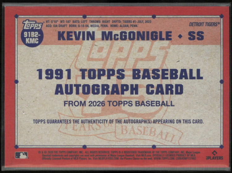 2026 Topps 75 Years 1991 Autograph Rookie Kevin McGonigle Auto RC 