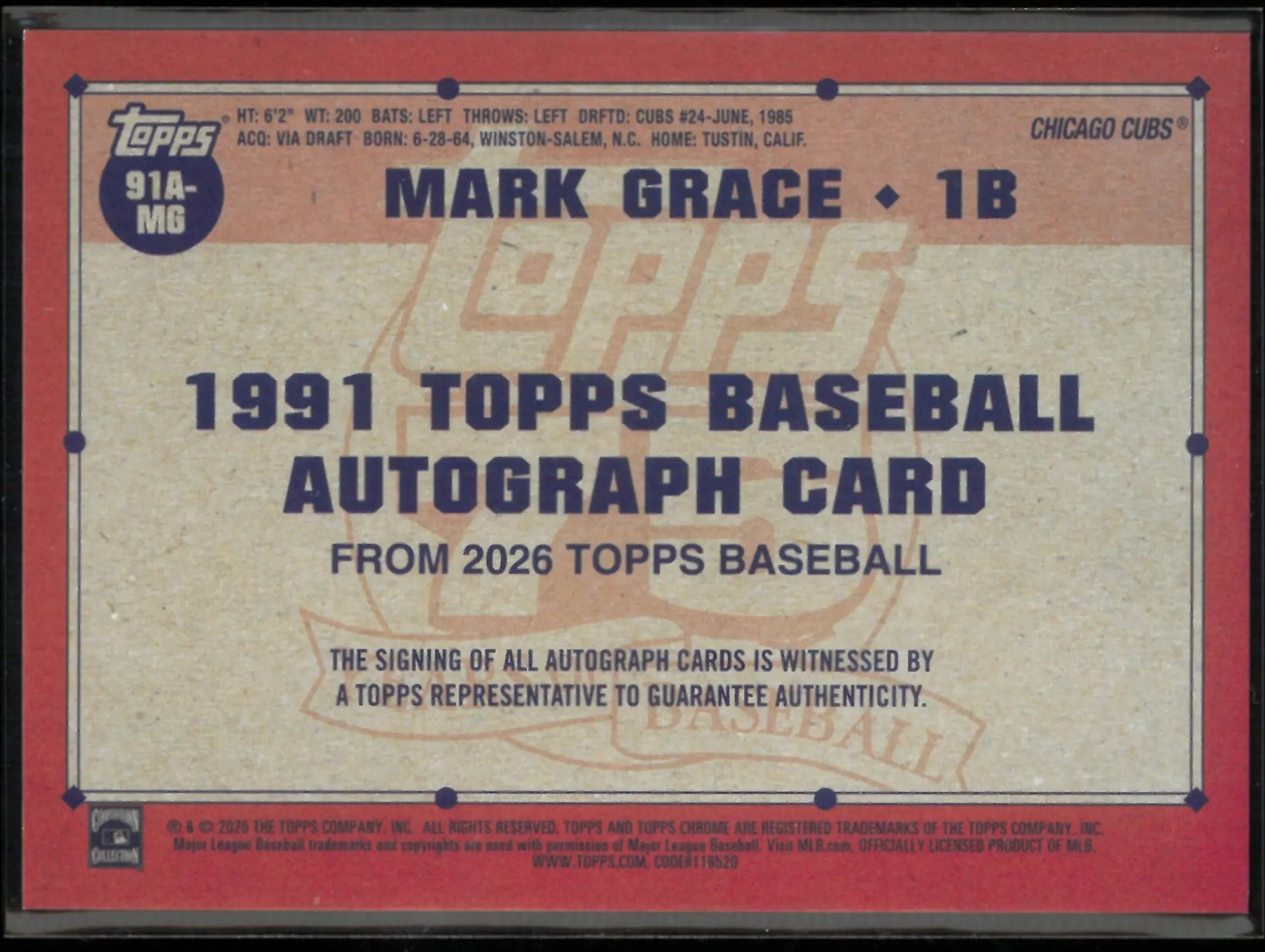 2026 Topps Baseball Autograph 1991 Mark Grace Auto 