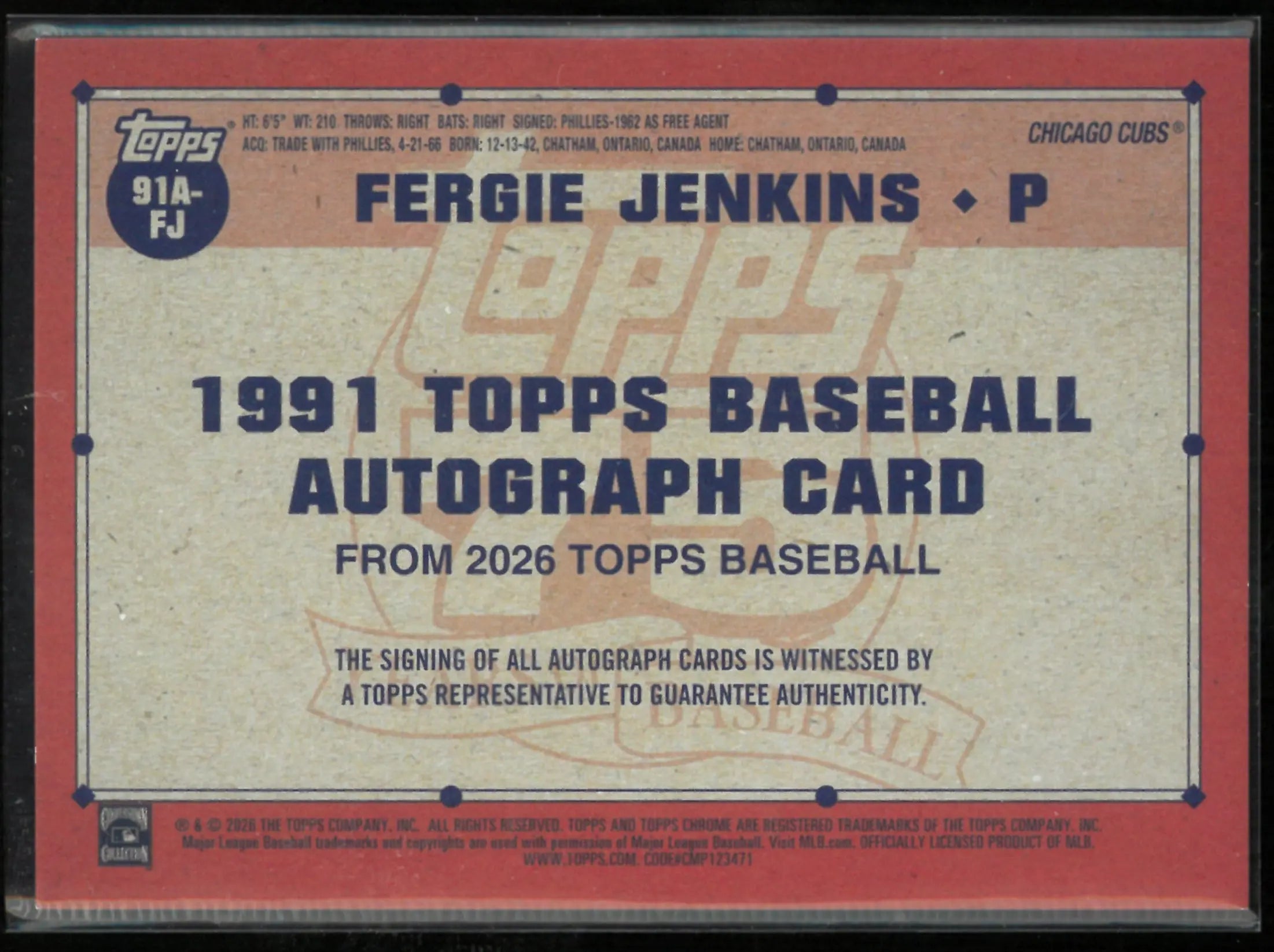2026 Topps Baseball Fergie Jenkins 1991 Topps Autograph 75 Years of Baseball 
