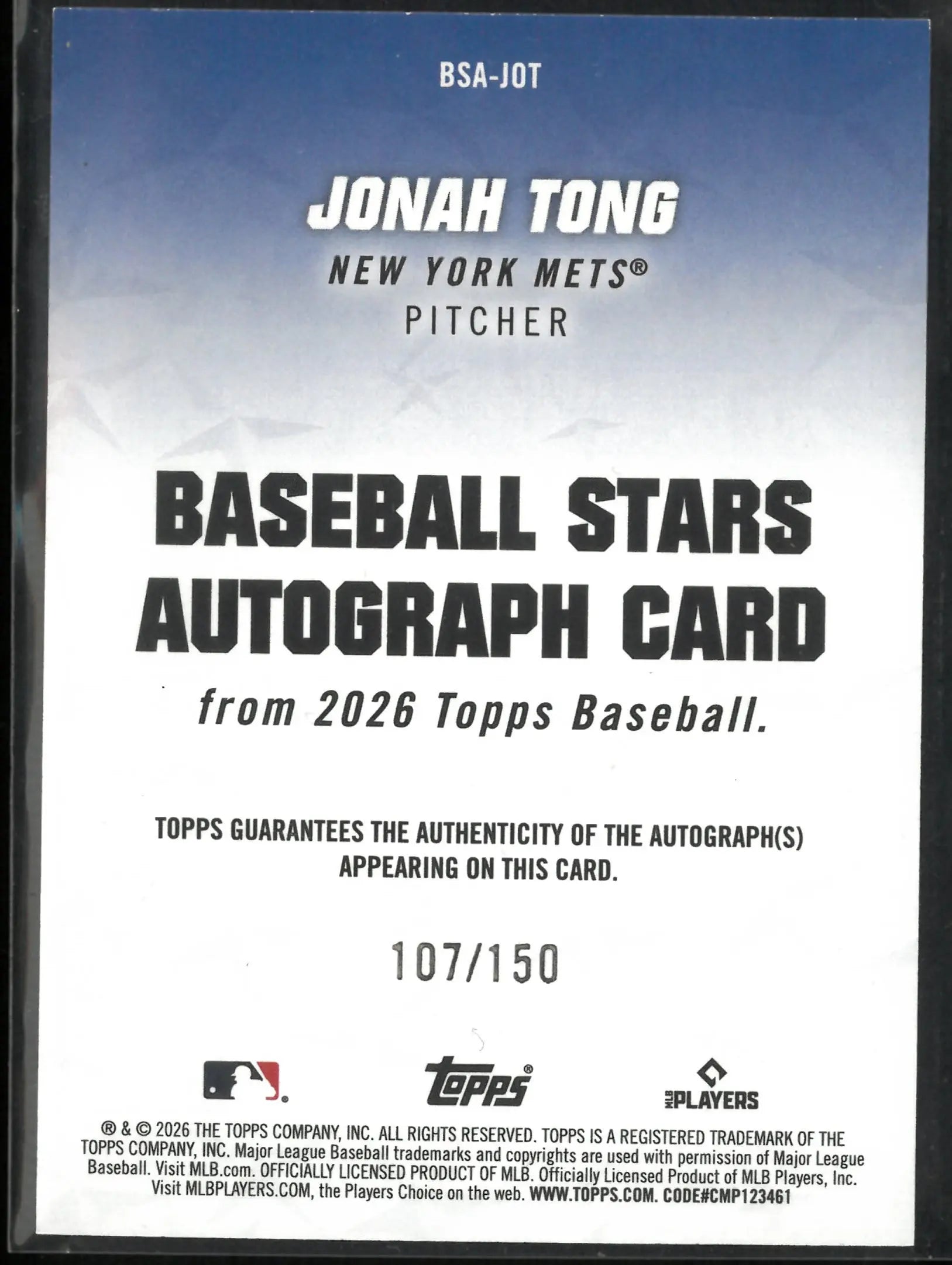 2026 Topps Baseball Stars Autograph Jonah Tong /150 RC Rookie 