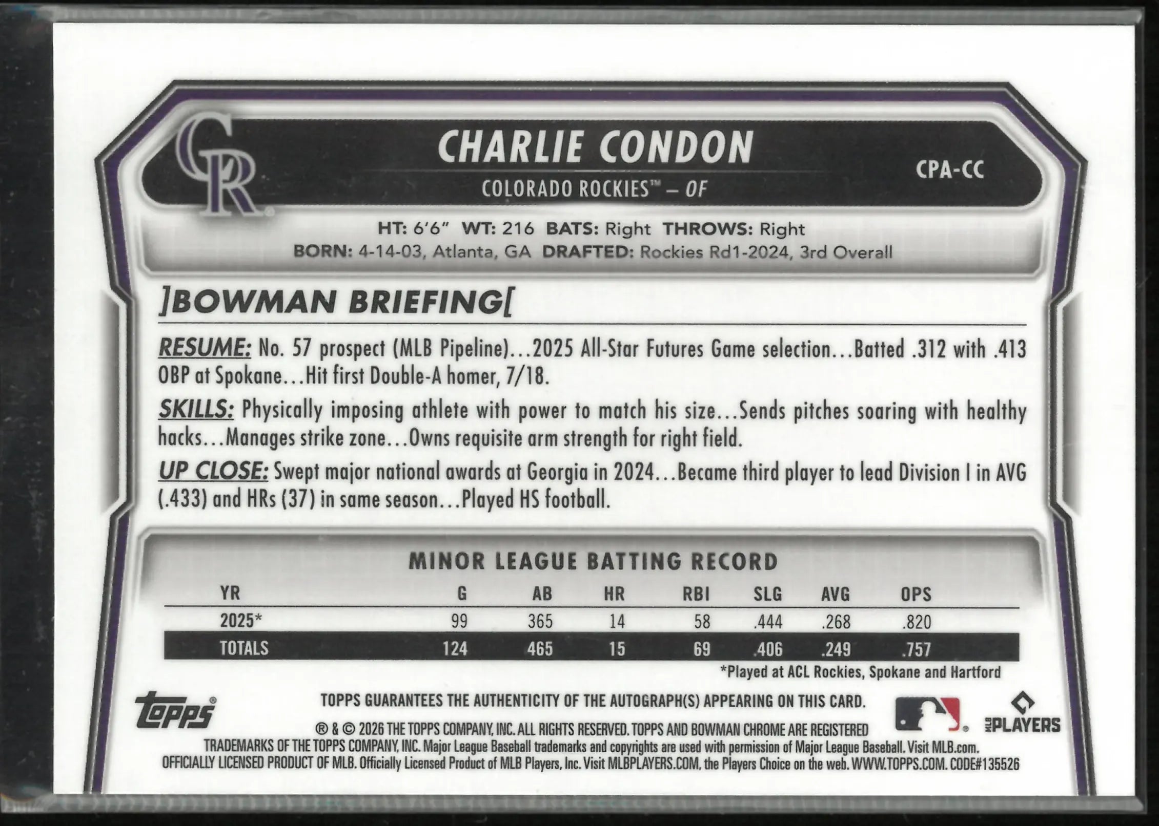 2026 Topps Bowman Chrome Autograph Charlie Condon Auto Green Reptilian /99 