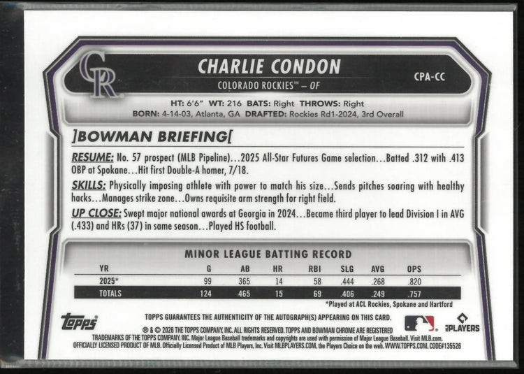 2026 Topps Bowman Chrome Autograph Charlie Condon Auto Green Reptilian /99 